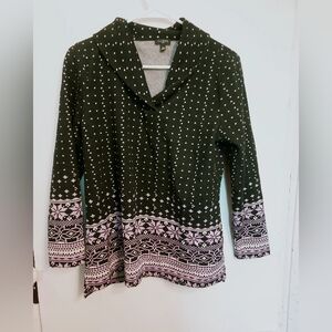 Talbots Women's Black and Pink Patterned Top V Neck Collared